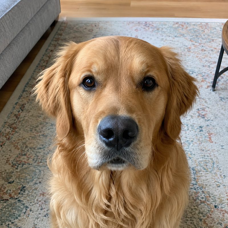 A close, well lit photograph of a golden retriever taken at its eye level