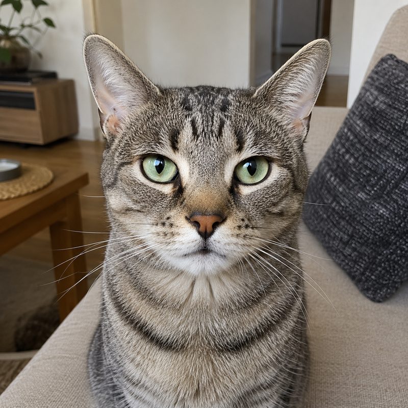 A close, well lit photograph of a tabby cat taken at its eye level
