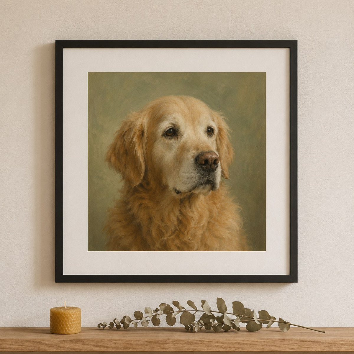 A framed hand-illustrated portrait of an older golden retriever on a shelf beside a candle