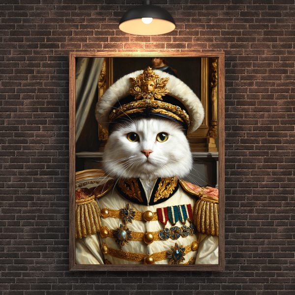 Custom Royal Cat Portrait – White Cat General Renaissance Style Canvas Wall Art