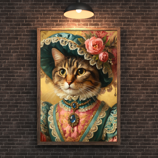 Custom Royal Cat Portrait – Tabby Lady Renaissance Style Canvas Wall Art