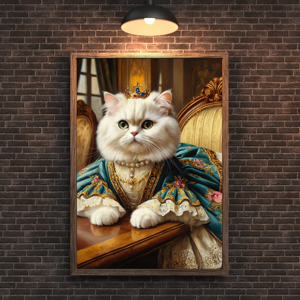 Custom Royal Cat Portrait – White Queen Cat Renaissance Style Canvas Wall Art