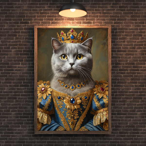 Custom Royal Cat Portrait – Grey Queen Renaissance Style Canvas Wall Art