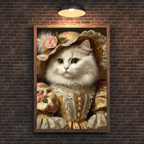 Custom Royal Cat Portrait – White Cat Lady Renaissance Style Canvas Wall Art