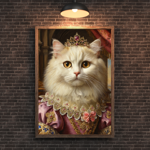 Custom Royal Cat Portrait – White Queen Renaissance Style Canvas Wall Art