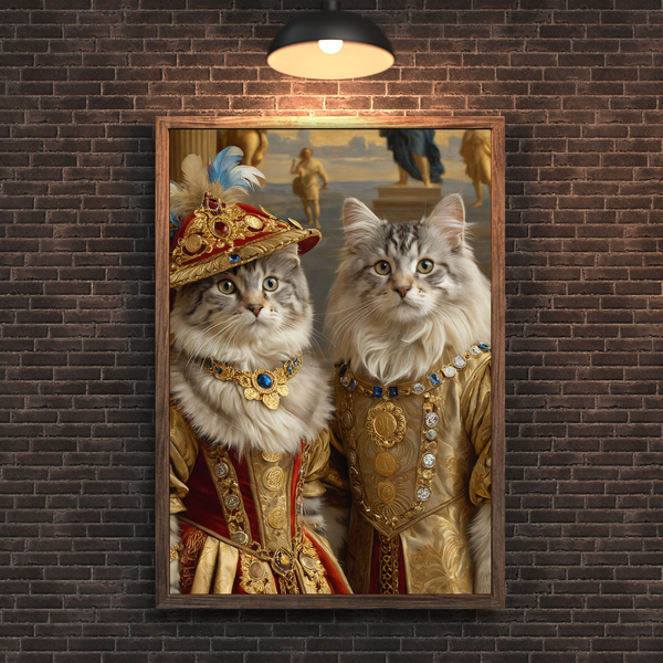 Custom Royal Cat Portrait – Renaissance Noble Cat Couple Canvas Wall Art
