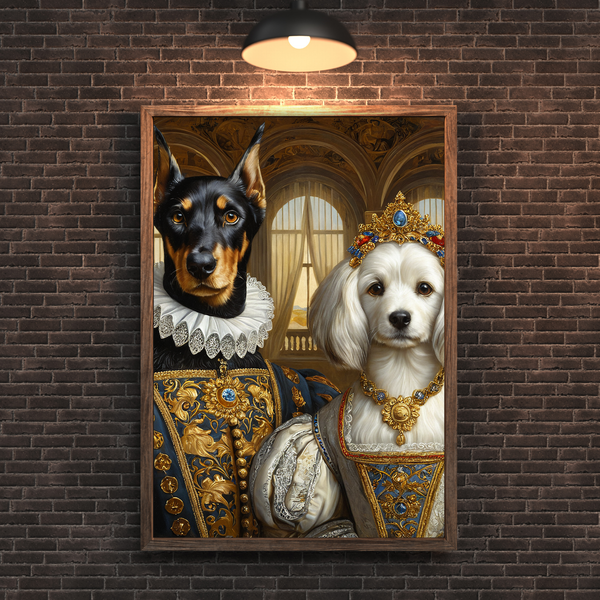 Custom Royal Dog Portrait – Renaissance Doberman & Queen Dog Couple Canvas Wall Art