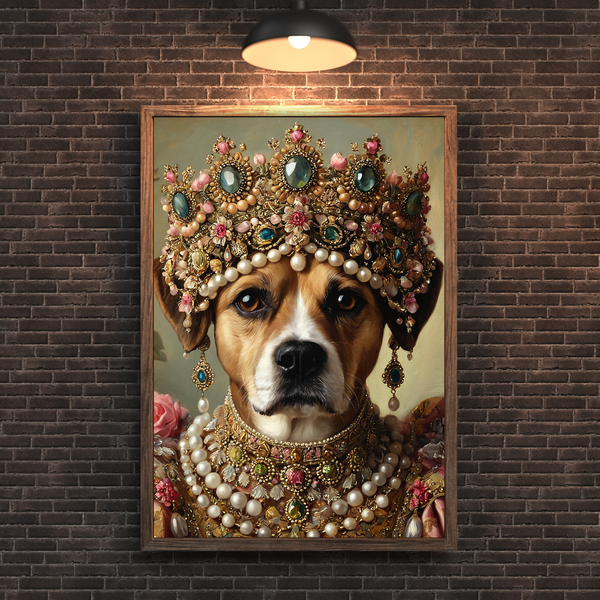 Custom Royal Dog Portrait – Jewel Queen Renaissance Style Canvas Wall Art