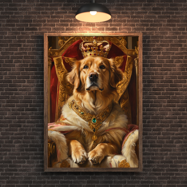 Custom Royal Dog Portrait – Golden Retriever King on Throne Canvas Wall Art