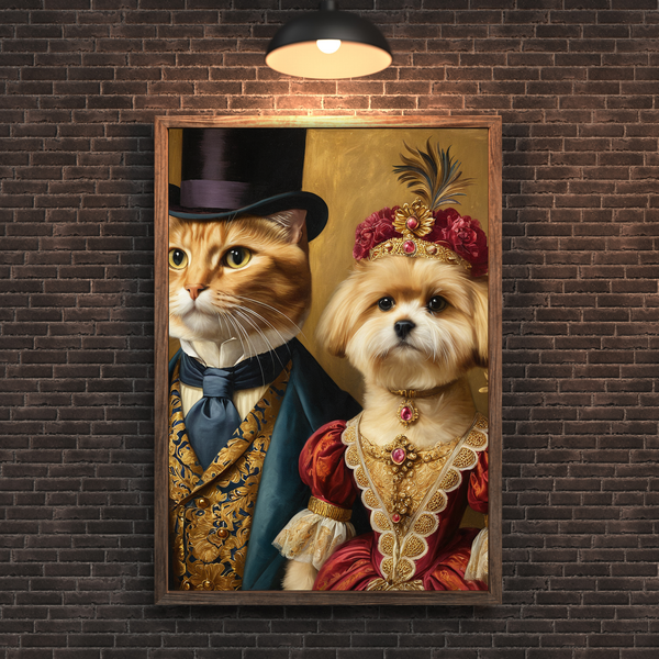 Custom Royal Pet Portrait – Cat & Dog Couple Renaissance Style Canvas Wall Art