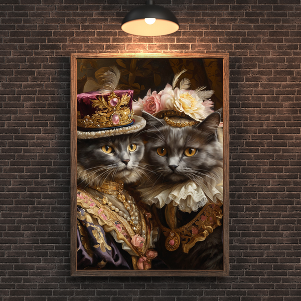 Custom Royal Cat Portrait – Renaissance Cat Couple Canvas Wall Art