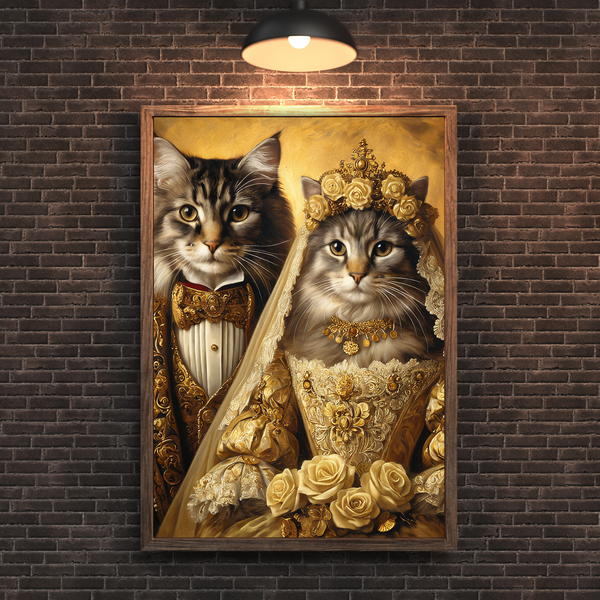 Custom Royal Cat Portrait – Renaissance Cat Wedding Couple Canvas Wall Art