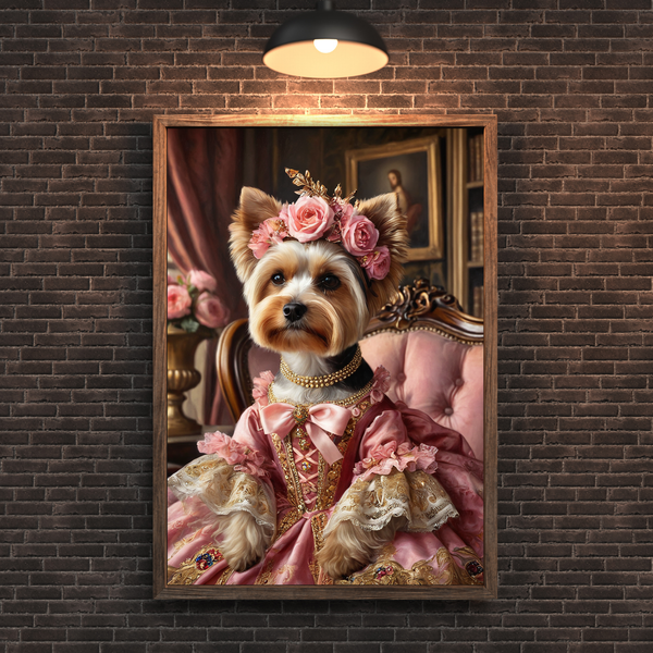 Custom Royal Dog Portrait – Renaissance Queen Dog in Pink Gown Canvas Wall Art