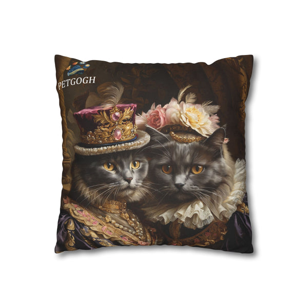 Custom cat couple pillow featuring two cats’ portraits in Victorian royal costumes – one with jeweled feathered hat and the other with floral-adorned gown and hat. Personalized cushion gift for cat lovers.