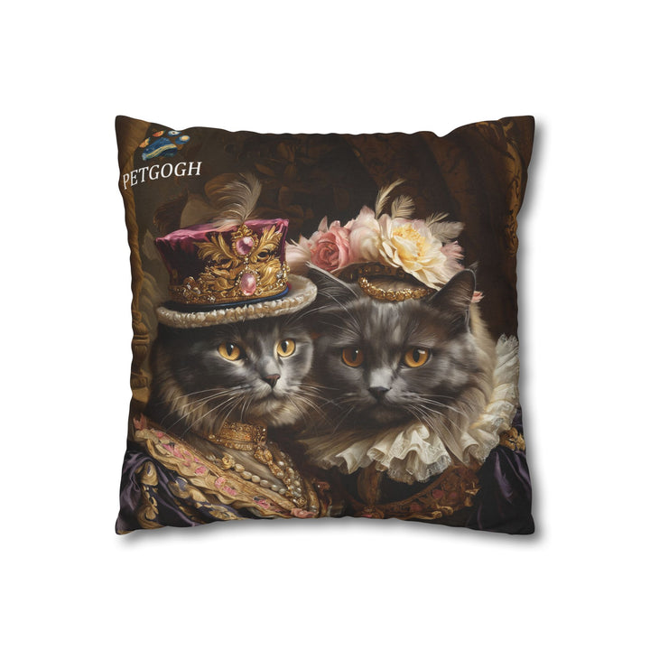 Custom cat couple pillow featuring two cats’ portraits in Victorian royal costumes – one with jeweled feathered hat and the other with floral-adorned gown and hat. Personalized cushion gift for cat lovers.