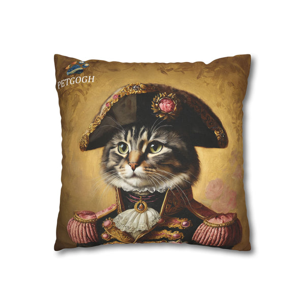 Custom cat pillow featuring your cat’s portrait in an ornate Napoleonic military costume with golden background – personalized royal general pet cushion gift.