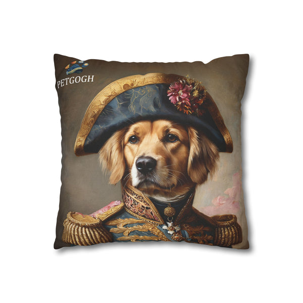 Custom general dog pillow featuring your pet’s portrait in ornate military uniform with golden epaulettes and decorated hat – personalized pet cushion gift for dog lovers.
