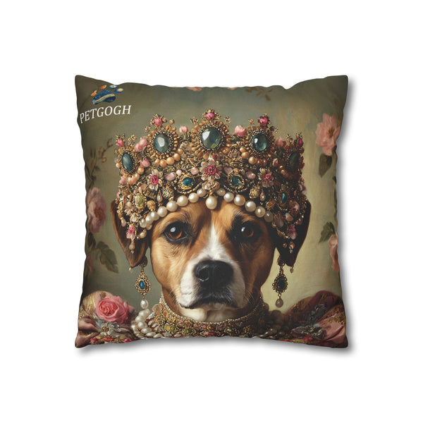 Custom beagle pillow with ornate royal crown and regal outfit – personalized dog portrait cushion.