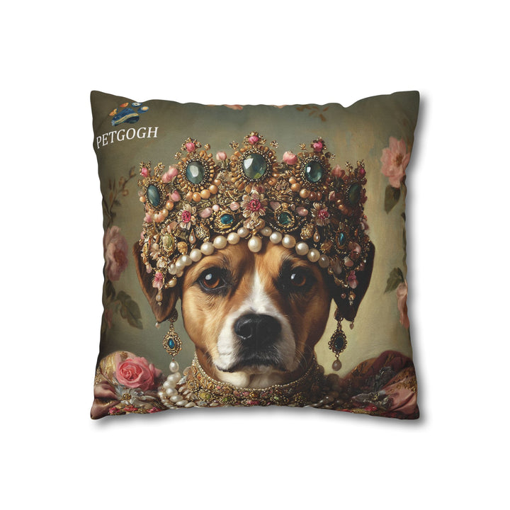 Custom beagle pillow with ornate royal crown and regal outfit – personalized dog portrait cushion.