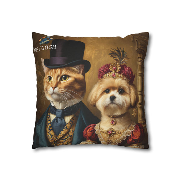 Custom pet couple pillow featuring your cat and dog’s portraits in Victorian royal outfits – gentleman cat with top hat and lady dog with jeweled crown and gown. Personalized cushion gift for pet lovers.