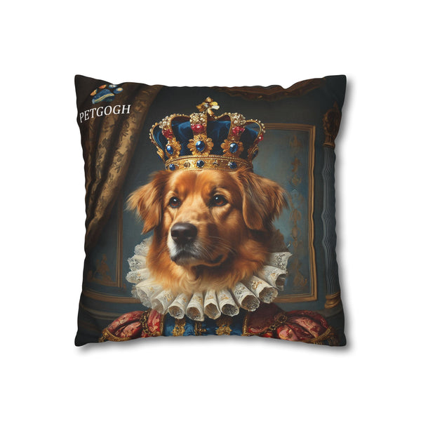 Custom king dog pillow featuring your dog’s portrait with jeweled crown, ornate robe, and regal backdrop – personalized royal pet portrait cushion gift for dog lovers.