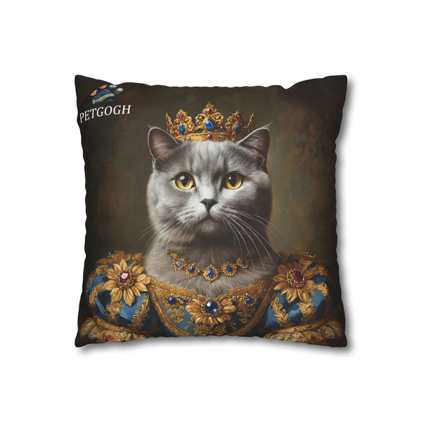 Custom queen cat pillow featuring your cat’s portrait with jeweled crown, ornate necklace, and blue-and-gold royal gown – personalized regal pet portrait cushion gift for cat lovers.