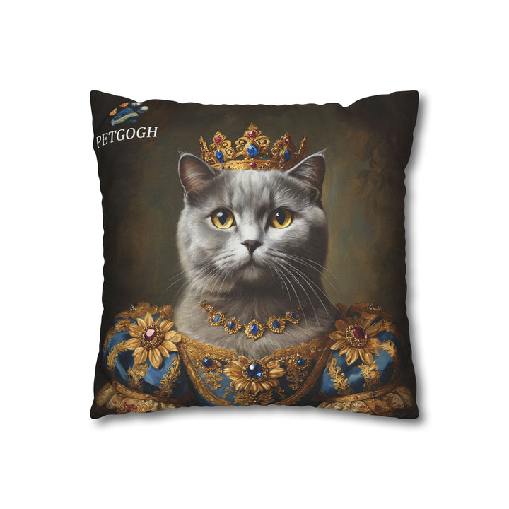 Custom queen cat pillow featuring your cat’s portrait with jeweled crown, ornate necklace, and blue-and-gold royal gown – personalized regal pet portrait cushion gift for cat lovers.