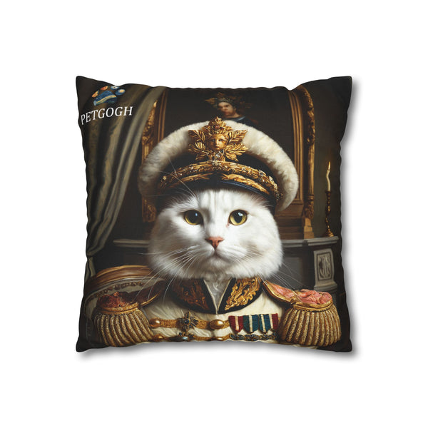 Custom general cat pillow featuring your cat’s portrait in an ornate military uniform with medals, golden epaulettes, and royal hat – personalized regal pet portrait cushion gift for cat lovers.