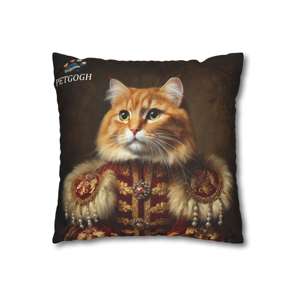Custom royal cat pillow featuring your cat’s portrait in a red and gold ornate costume with pearl embellishments – personalized regal pet portrait cushion gift for cat lovers.