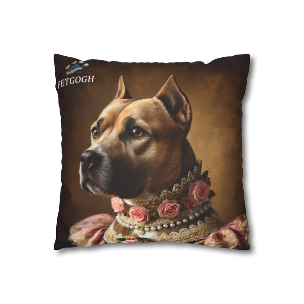 Custom queen dog pillow featuring your dog’s portrait with pearl necklace, roses, and ornate royal gown – personalized regal pet portrait cushion gift for dog lovers.