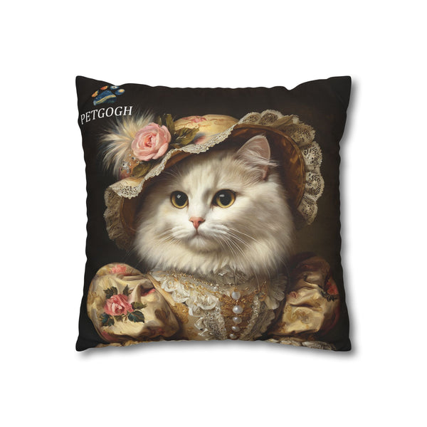 Custom Victorian cat pillow featuring your cat’s portrait in a lace gown, pearl necklace, and floral-decorated hat – personalized romantic pet portrait cushion gift for cat lovers.