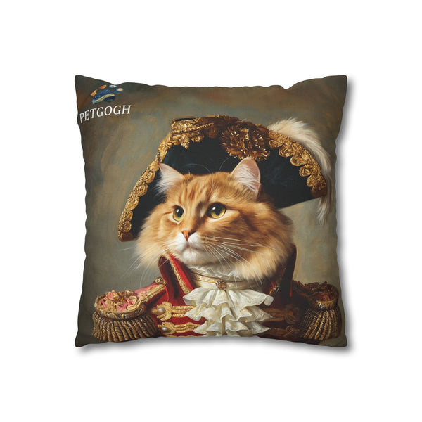 Custom cat pillow featuring your cat’s portrait in ornate Napoleonic general uniform with red coat, gold embroidery, lace ruff, and feathered hat – personalized pet portrait cushion gift for cat lovers.