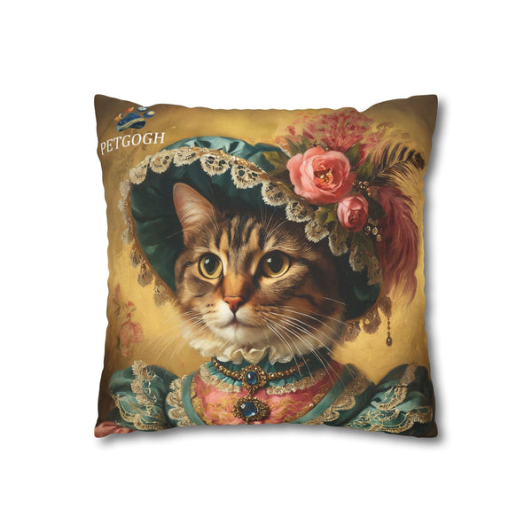 Custom Victorian cat pillow featuring your cat’s portrait in a lace gown, ornate jewelry, and floral hat with roses – personalized romantic pet portrait cushion gift for cat lovers.
