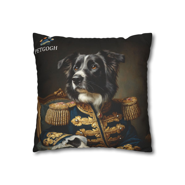 Custom general dog pillow featuring your dog’s portrait in a decorated military uniform with golden embroidery and epaulettes – personalized regal pet cushion gift for dog lovers.