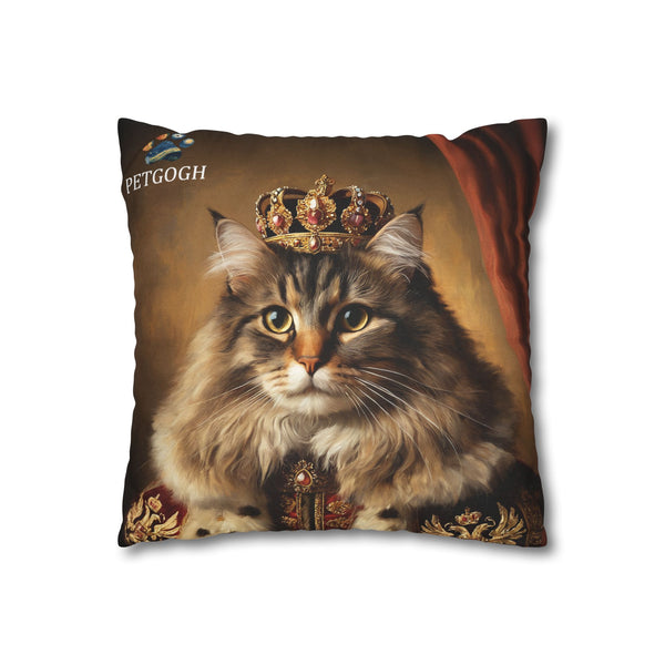 Custom king cat pillow featuring your cat’s portrait with jeweled crown, royal robe, and curtain backdrop – personalized regal pet portrait cushion gift for cat lovers.
