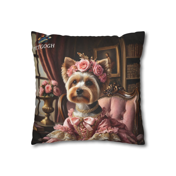 Yorkie queen pillow with pink dress, rose crown, pearls, and royal armchair background – custom pet lover cushion.