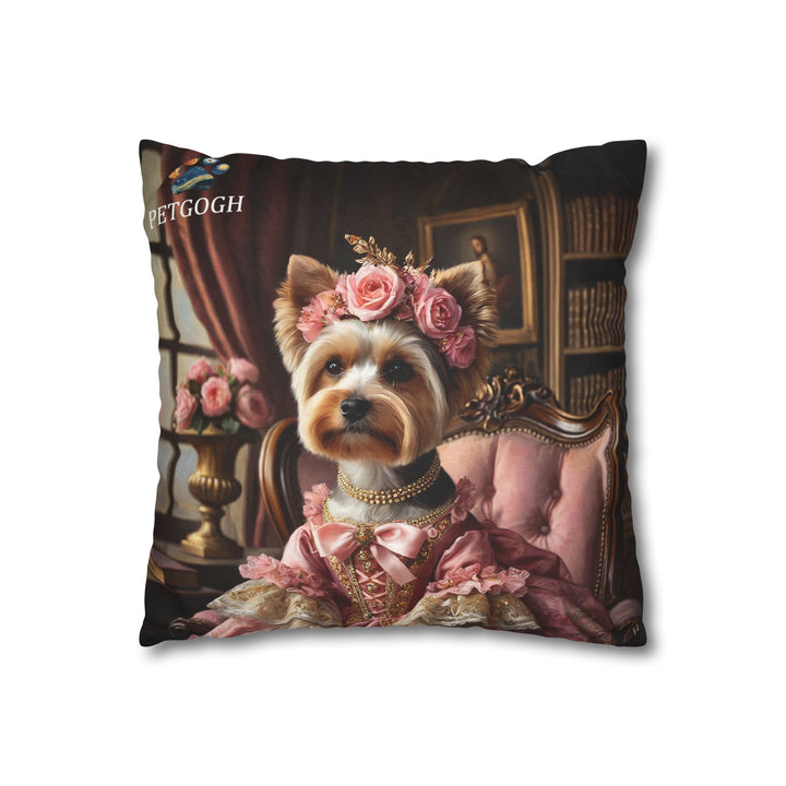 Yorkie queen pillow with pink dress, rose crown, pearls, and royal armchair background – custom pet lover cushion.