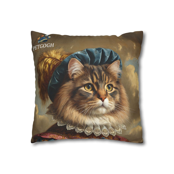Custom Renaissance cat pillow featuring your cat’s portrait in a noble costume with feathered hat and lace collar – personalized royal pet cushion gift for cat lovers.