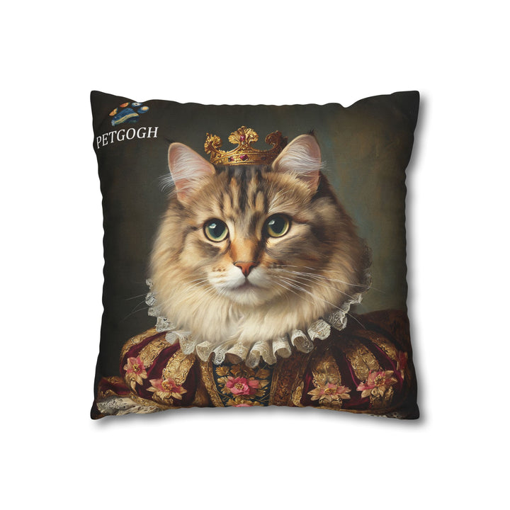 Cat king pillow with golden crown and royal robe – personalized feline portrait cushion for cat lovers.