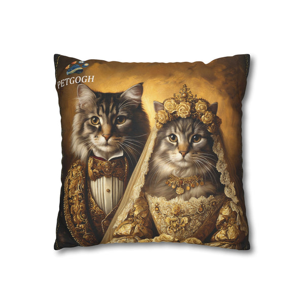 Custom cat wedding pillow featuring two cats’ portraits as a bride and groom – bride in lace gown with golden crown and flowers, groom in gold-embroidered tuxedo. Personalized romantic pet portrait cushion gift.