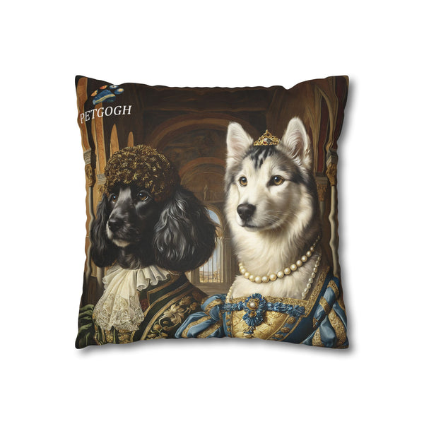 Custom dog couple pillow featuring two dogs dressed as royalty – one as a noble lord in embroidered coat and lace cravat, the other as a regal queen with tiara, pearls, and a blue-golden gown. Personalized royal pet portrait cushion gift.