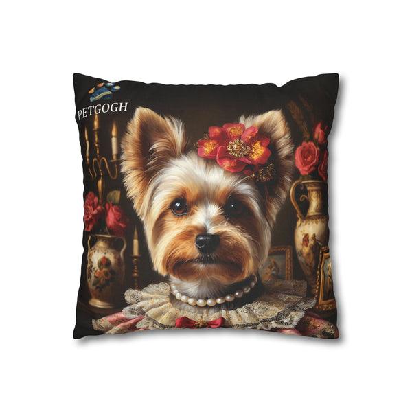 Custom Yorkshire Terrier pillow with renaissance royal outfit, pearl necklace, and floral crown – personalized dog lover cushion.