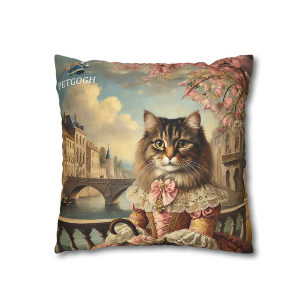 Custom romantic cat pillow featuring your cat’s portrait in an ornate lace costume with pink bow, set against a riverside cityscape background – personalized pet portrait cushion gift for cat lovers.
