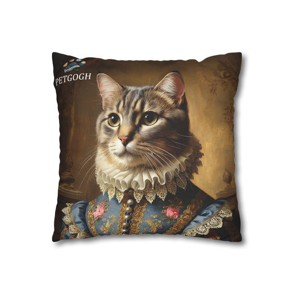 Custom queen cat pillow featuring your cat’s portrait in elegant royal gown with floral embroidery and ruffled collar – personalized regal pet cushion gift for cat lovers.