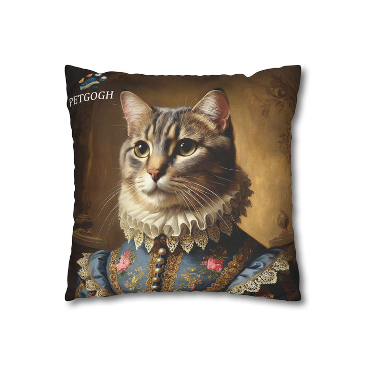 Custom queen cat pillow featuring your cat’s portrait in elegant royal gown with floral embroidery and ruffled collar – personalized regal pet cushion gift for cat lovers.