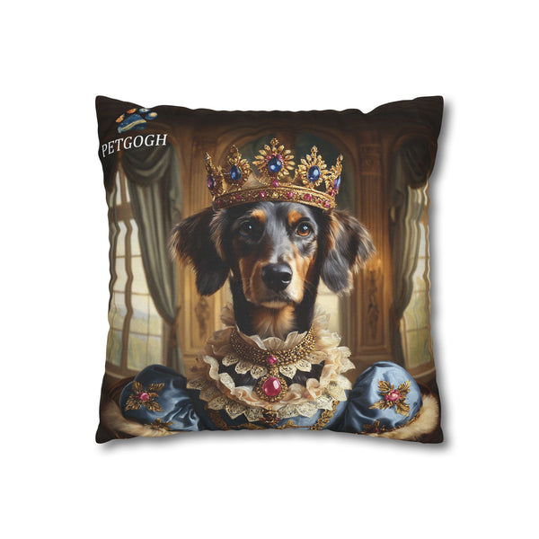 Custom dachshund pillow with royal crown and blue dress – personalized dog cushion for pet lovers.