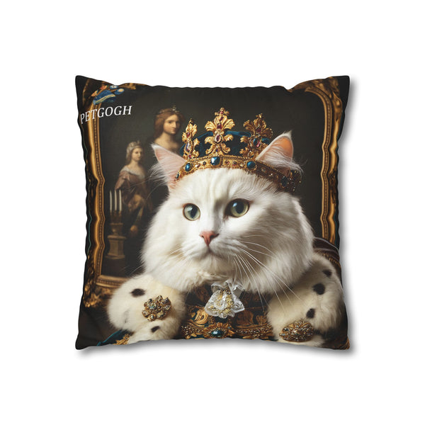 Custom king cat pillow featuring your cat’s portrait with jeweled crown, fur-trimmed royal robe, and ornate throne background – personalized regal pet portrait cushion gift for cat lovers.
