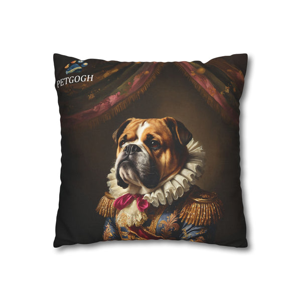 Custom Renaissance dog pillow featuring your dog’s portrait in ornate noble costume with lace ruff and royal drapery backdrop – personalized pet cushion gift for dog lovers.