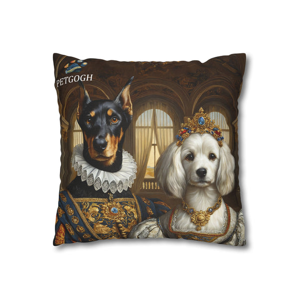 Custom dog couple pillow featuring two dogs dressed as royalty – one as a noble king in an ornate golden embroidered outfit, the other as a queen with a jeweled crown and necklace. Personalized regal pet portrait cushion gift for dog lovers.