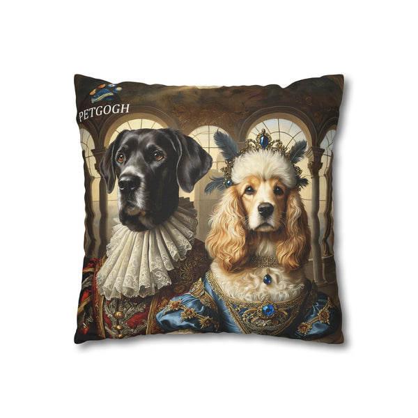 Custom dog couple pillow featuring two dogs as royalty – one in a regal embroidered robe with lace ruff, the other in a blue gown with jeweled crown. Personalized king & queen pet portrait cushion gift for couples and dog lovers.